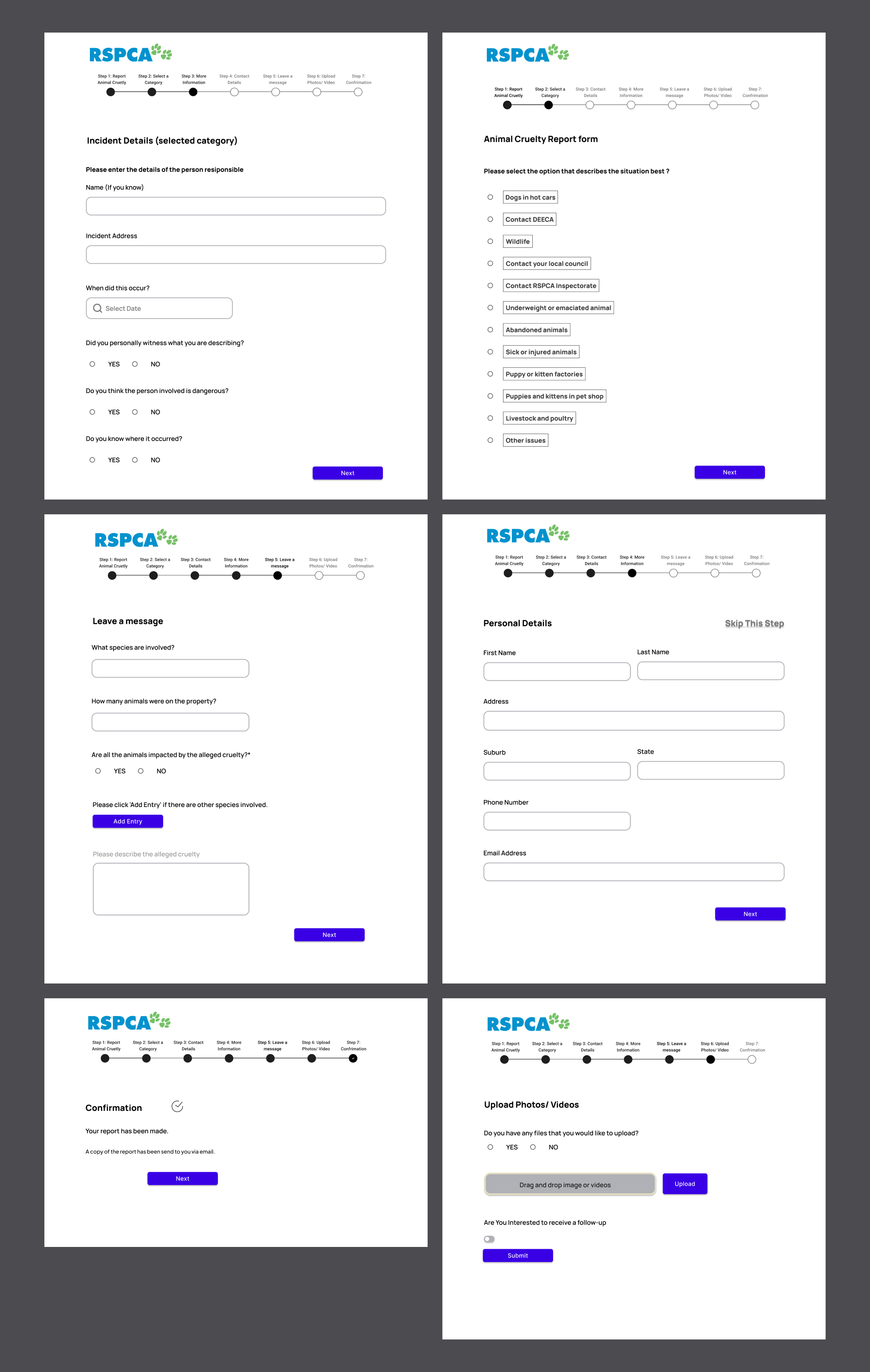 RSPCA Lo-Fi Wireframes